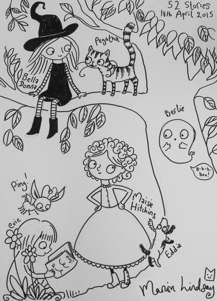 This is a drawing I did after the session was finished, the idea was to leave something behind for the library to put up on the wall - it was rather fun collecting characters from different books and putting them together in one drawing, though I'm not sure if they'd really get on very well together...