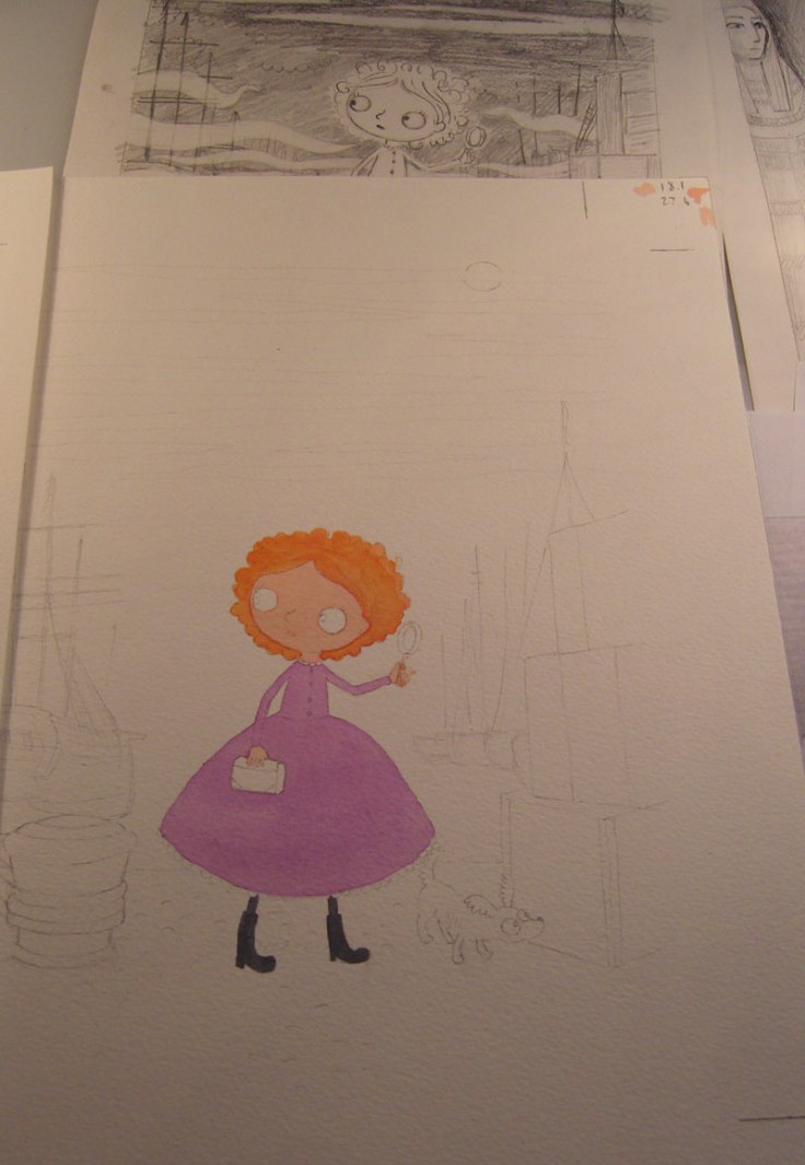 Here is the cover all drawn out on watercolour paper and I've just begun painting with the most important bit - Maisie!