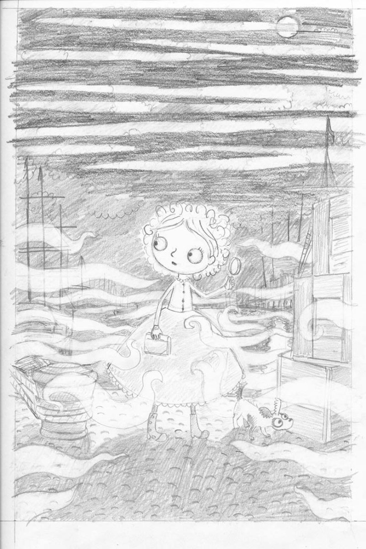 Here is the sketch for the cover ready to be transferred onto watercolour paper, as you can probably see I changed my mind about how the clouds were going to look!